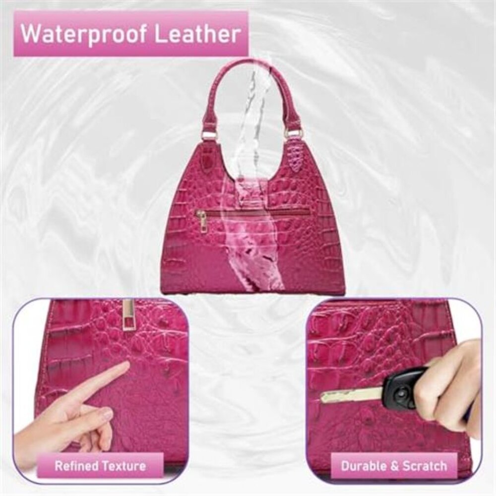 Ladies Tote Dark Pink Vegan Leather Bags Crocodile Embossed Zipper Satchel Purse - Picture 5 of 7
